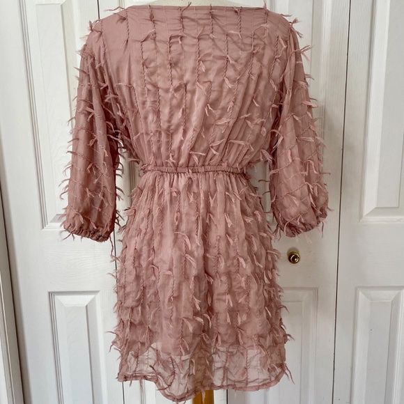 Blu Pepper Textured Pink Mini Dress with Ballon Sleeves and Elastic Waist - Picture 2 of 10
